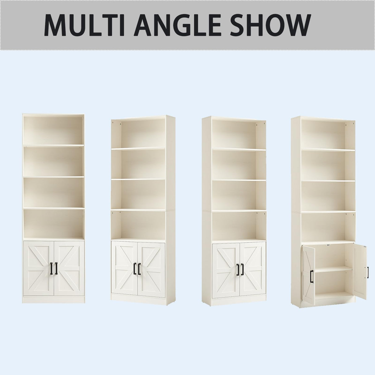 RWYHG 70in Tall Bookshelf 6 Tier Bookcase with Barn Doors and Adjustable Shelf, White Farmhouse Book Shelves with Storage Cabinet RWYHG