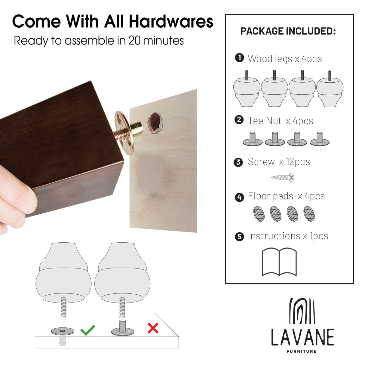 La Vane 11 inch / 28cm Wooden Furniture Legs, Set of 4 European Style Solid Wood Carving Furniture Replacement Feet Decoration for Sofa Cabinet La Vane