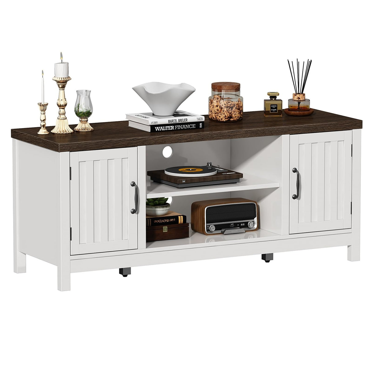 ChooChoo Farmhouse TV Stand, Wood Fluted Door Entertainment Center with Storage Cabinets and Open Shelves, Rustic Media Console up to 55 inches for Living Room, Bedroom, White ChooChoo