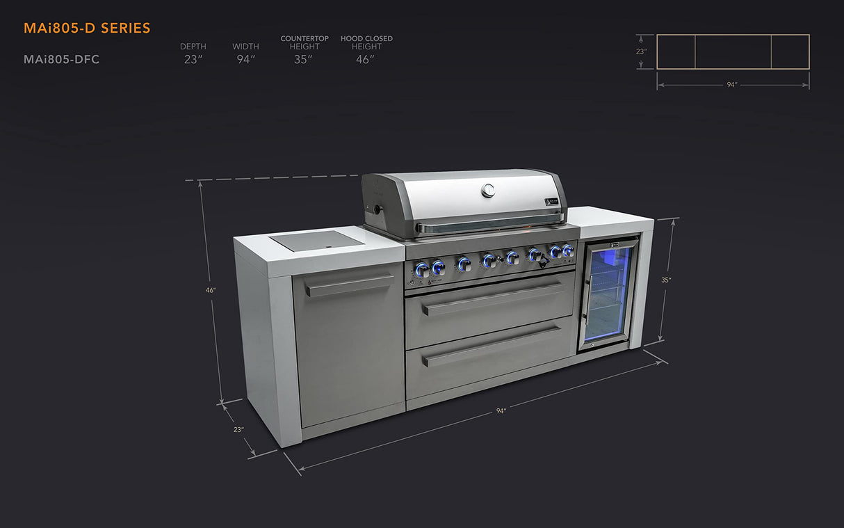 Mont Alpi MAi805- DFC 6 Burner 44-inch Stainless Steel Deluxe Modular Outdoor Kitchen Island BBQ Grill with Fridge Cabinet + Side Burner + Granite Countertops & Sides + Rotisserie and Grill Cover Mont Alpi