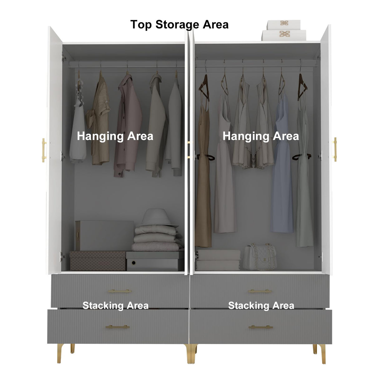 vinform Wardrobe Armoire with 4 Doors, 4 Drawers and 2 Hanging Rods, Twill Wood Closet Storage with Metal Cabinet Legs, White 20.4" D x 63" W x 76.77" H (V Modern) vinform
