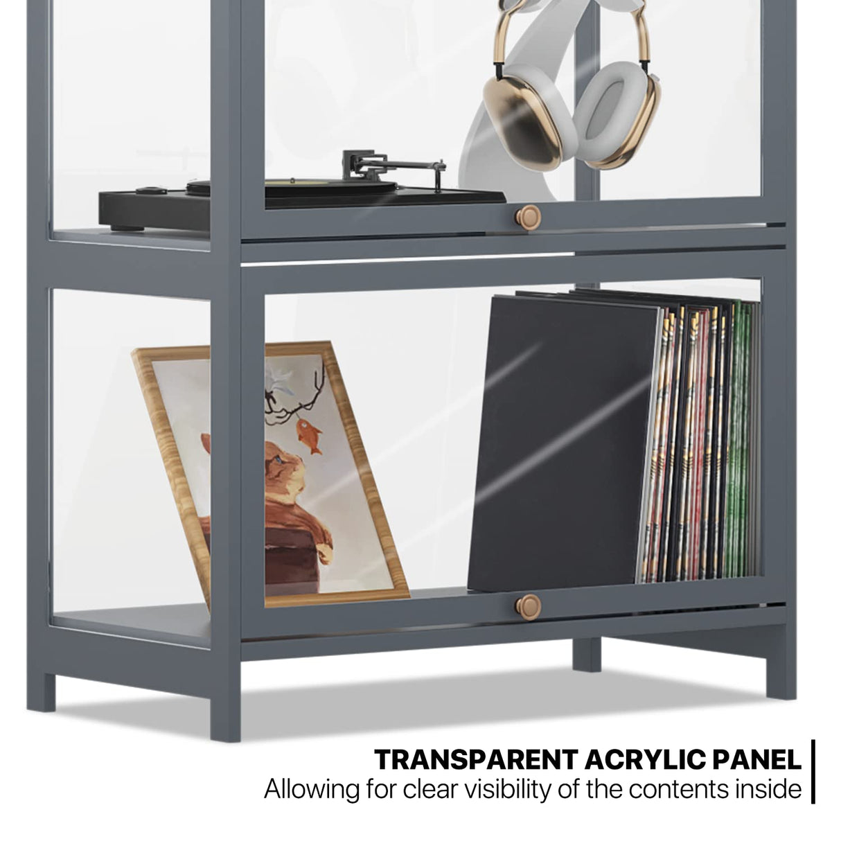 MoNiBloom 4-Tier Display Cabinet with Acrylic Doors - 55” Transparent Bamboo Display Case for Figures and Curio Collection, Floor Standing - Grey MoNiBloom