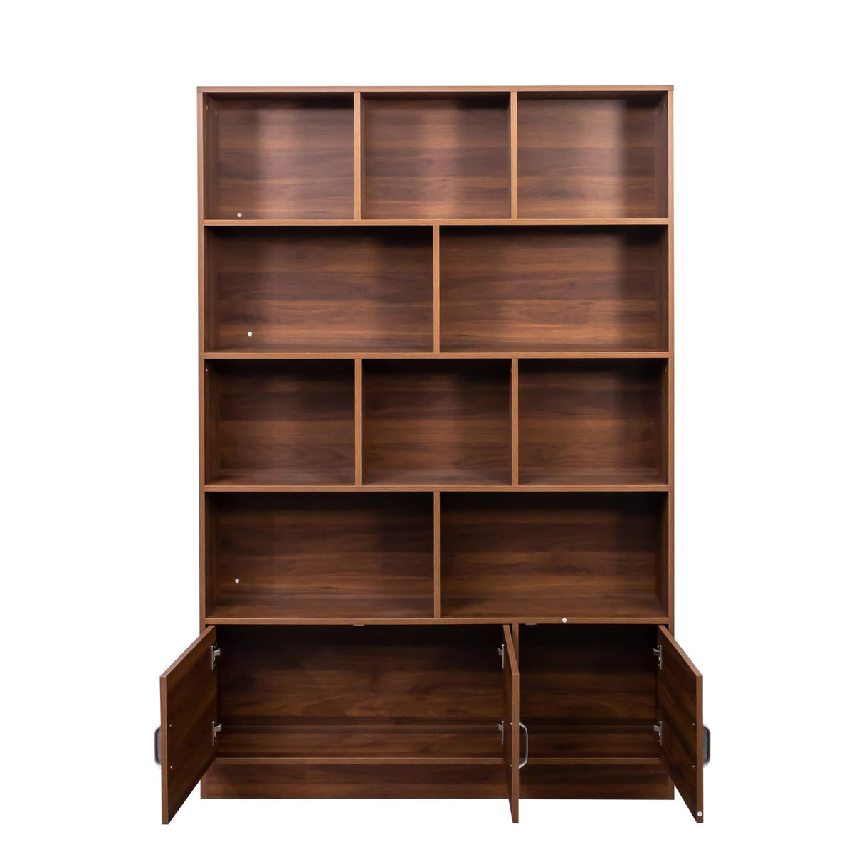 KEIKI 71" Tall Wooden Bookcase, Mid Century Modern Bookshelf with 5-Tier Storage, 3 Doors Open Style Display Shelf W/10 Cubes, Book Shelves Cabinet for Home Office Living Room, Brown KEIKI