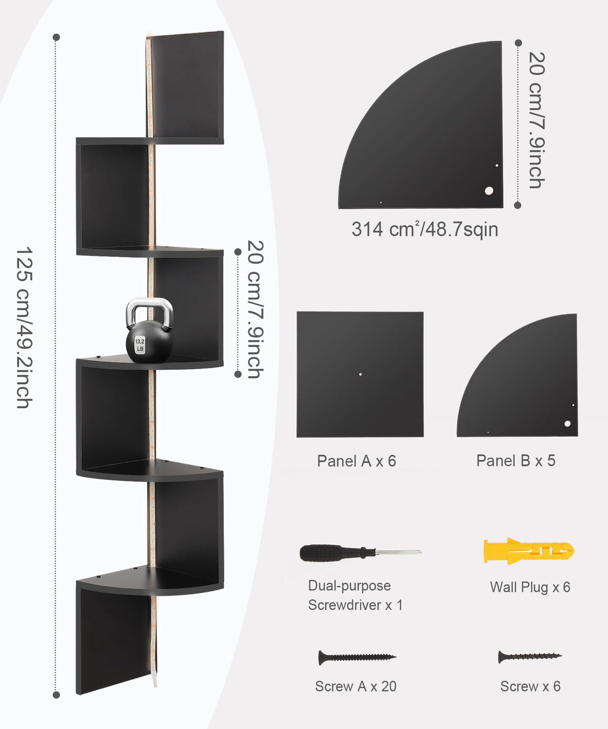 Outink 5 Tiers Corner Shelf with RGB LED Lights, 49.2" Wall Mount Floating Corner Display Shelf for Living Room Bedroom Home Office Decor, APP & Remote Control (Black) Outink
