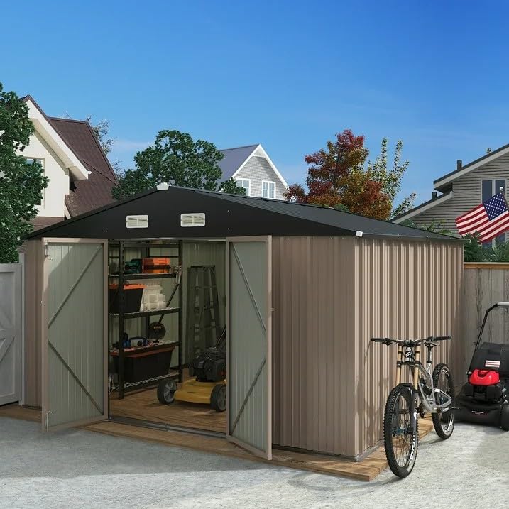 Greesum 10×10FT Outdoor Storage Shed, Metal Patio Storaged Sheds with Lockable Doors, Sheds & Outdoor Storage for Bike, Backyard, Pool and Garden, Brown Greesum