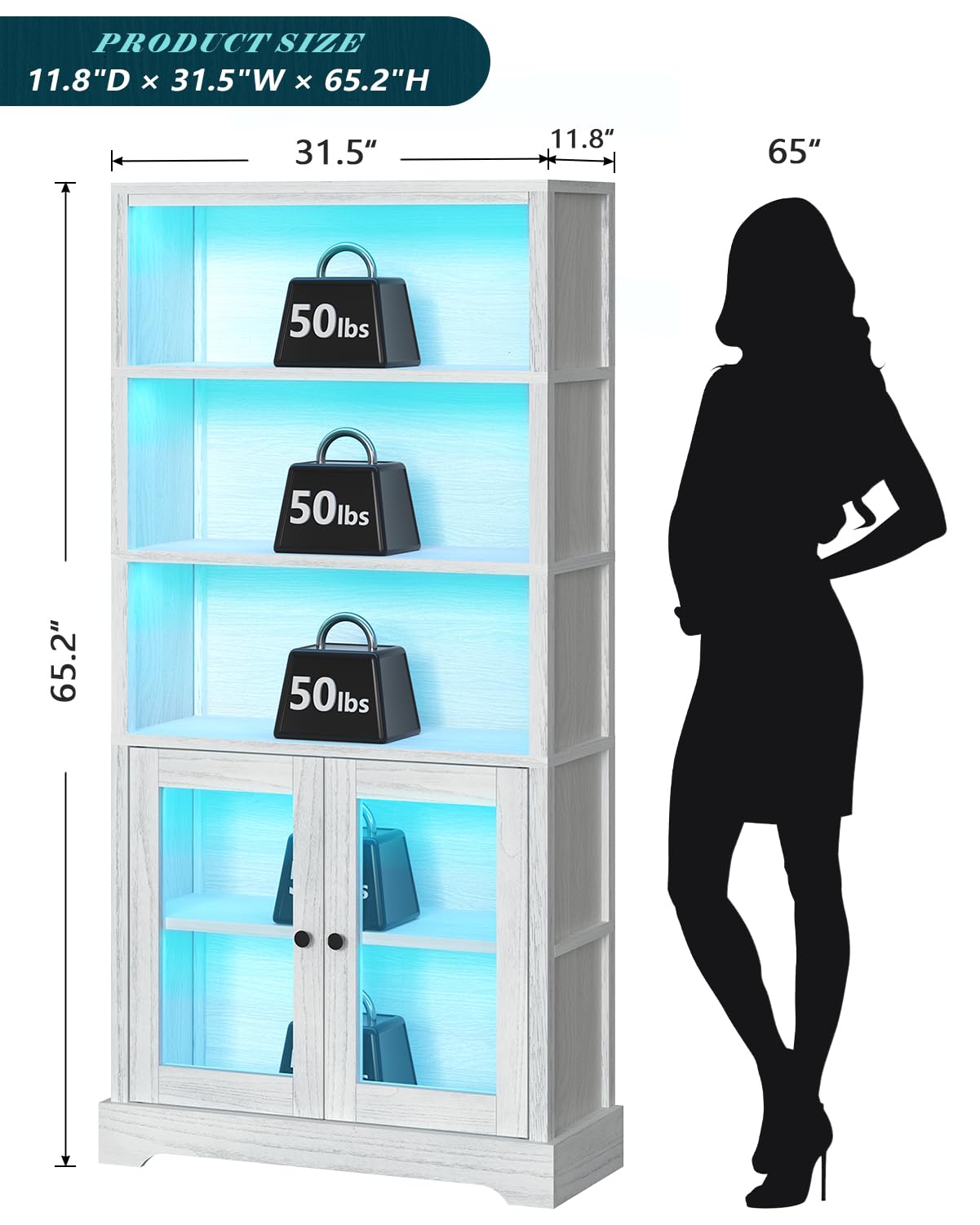 TVU 5-Tier Bookcase with Cabinet & LED, Wood 65 Inch Tall Bookshelf with Storage, Floor Standing Display Book Shelf for Living Room, Office, Study, Entryway (Antique White) TVU