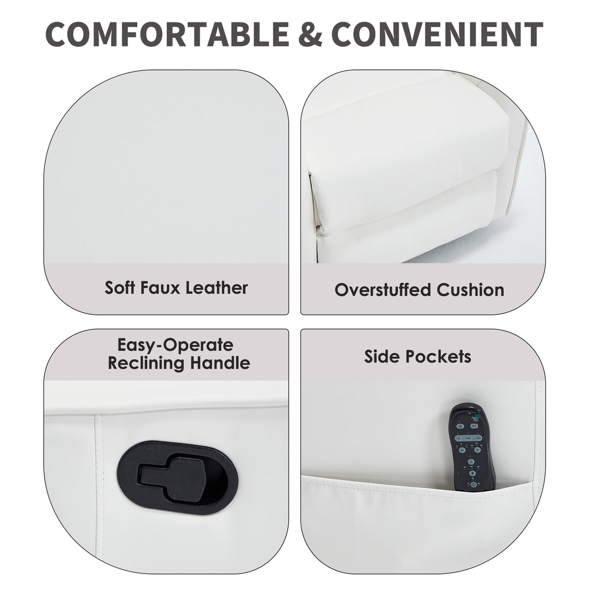 Trustyue Swivel Rocker Recliner Chair, 360° Swivel Recliner with Heat and Massage, Rocker Recliner Upholstered Fabric Nursery Glider Recliner Chair with Side Pockets for Living Room PU White Trustyue