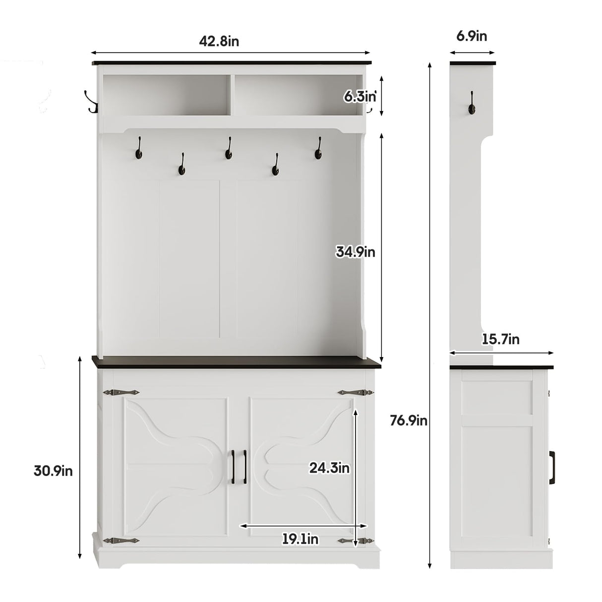 Maupvit Farmhouse Narrow Coat Rack with Shoe Storage, 12 Shoe Cubbies & 7 Coat Hooks, Entryway Furniture with Hall Tree, Ideal for hallways, Living Rooms and Mudrooms, White Maupvit
