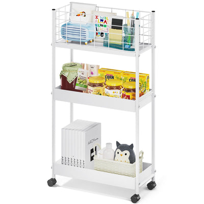 KINGRACK 3-Tier Rolling Utility Cart with Wheels, Metal Slim Storage Cart, Multifunctional Storage Organizer, Rolling Storage Cart for Kitchen, Office, Bathroom, Narrow Place, White