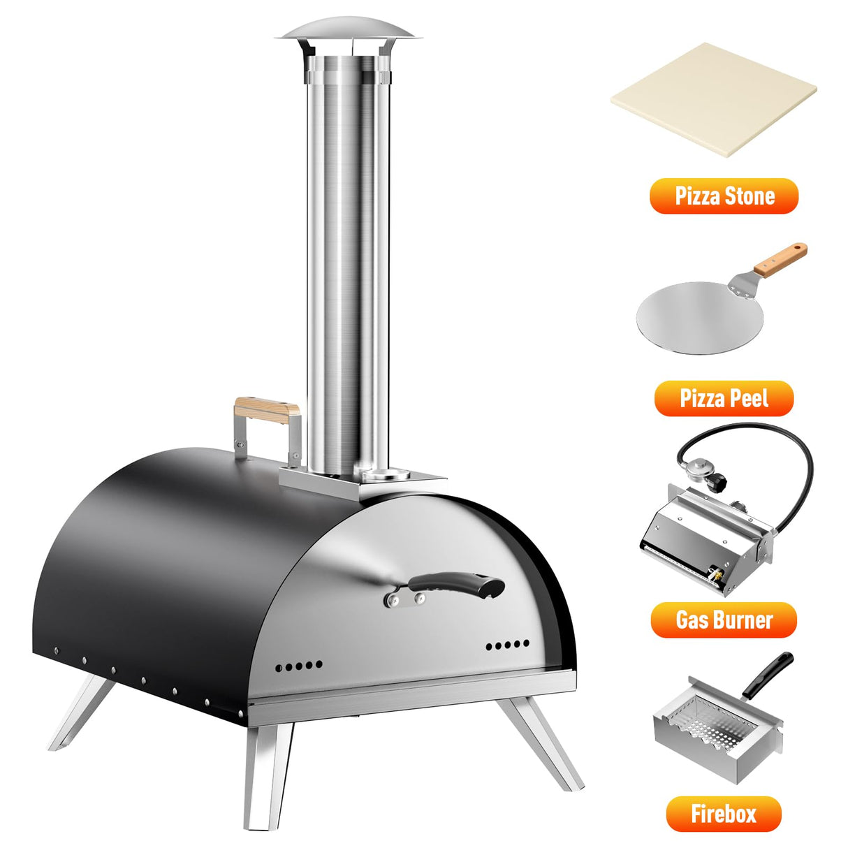 Multi-Fuel Pizza Oven Outdoor, 12" Portable Wood and Gas Fired Pizza Oven with Thermometer,Gas Hose & Pizza Stone,Heats up to 1000°F,Stainless Steel Pizza Oven for Backyard or Camping (Black) WOOCIT