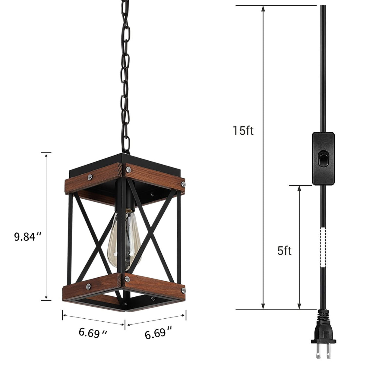 Fivess Lighting Rustic Farmhouse Plug in Pendant Light with 15ft Cord, On/Off Switch, Wood & Metal Cage Adjustable Chains Industrial Mini Hanging Fixture for Kitchen Island Sink Bar Farmhouse, Black Fivess Lighting