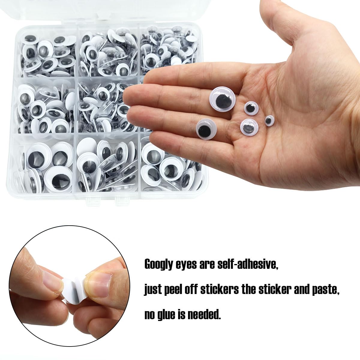 560 Pcs Wiggle Googly Eyes with Self-Adhesive, 6mm 8mm 10 mm 12mm 15mm Mixed Packaging (Black and White) FKEYTO