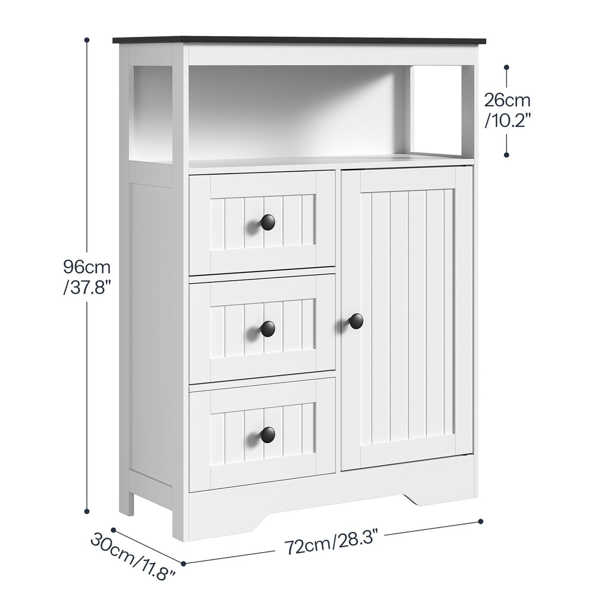 HOOBRO 28.3" Bathroom Storage Cabinet, Large Floor Cabinet, Freestanding Bathroom Storage Unit, 1 Cupboard and 3 Drawers, Adjustable Shelf, 28.3" L x 11.8" W x 37.8" H, White and Black HOOBRO