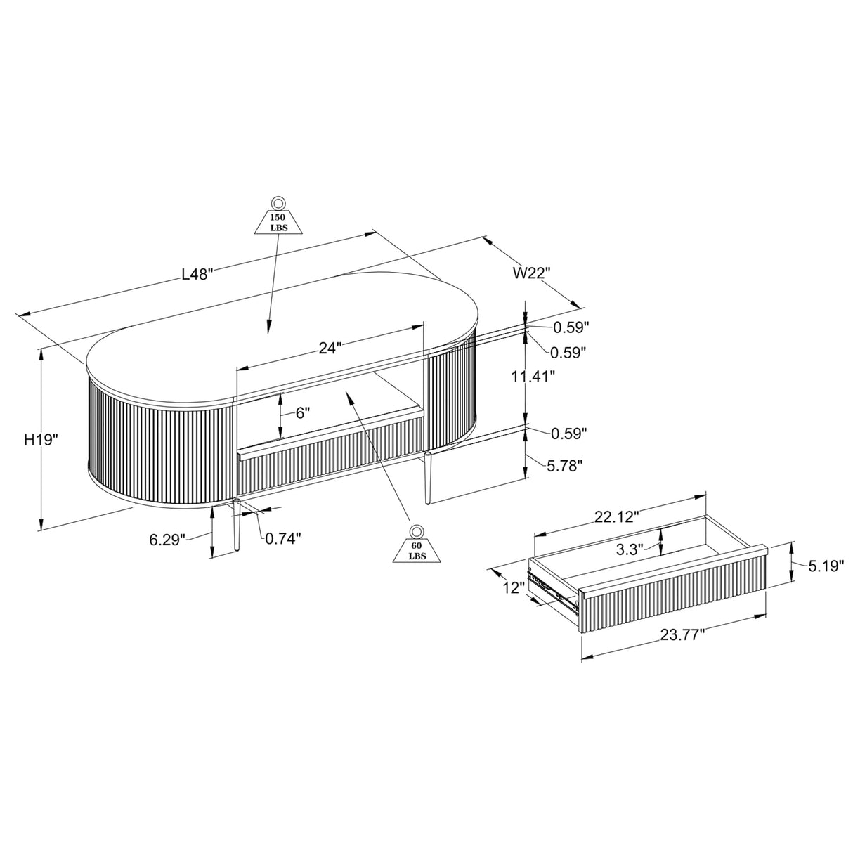 OKD Modern Luxury Fluted Coffee Table, 48" Oval Coffee Table with Drawer, Faux Marble Top, Curved Profile Design, Gold Metal Decor, Center Table for Living Room, Natural Oak OKD
