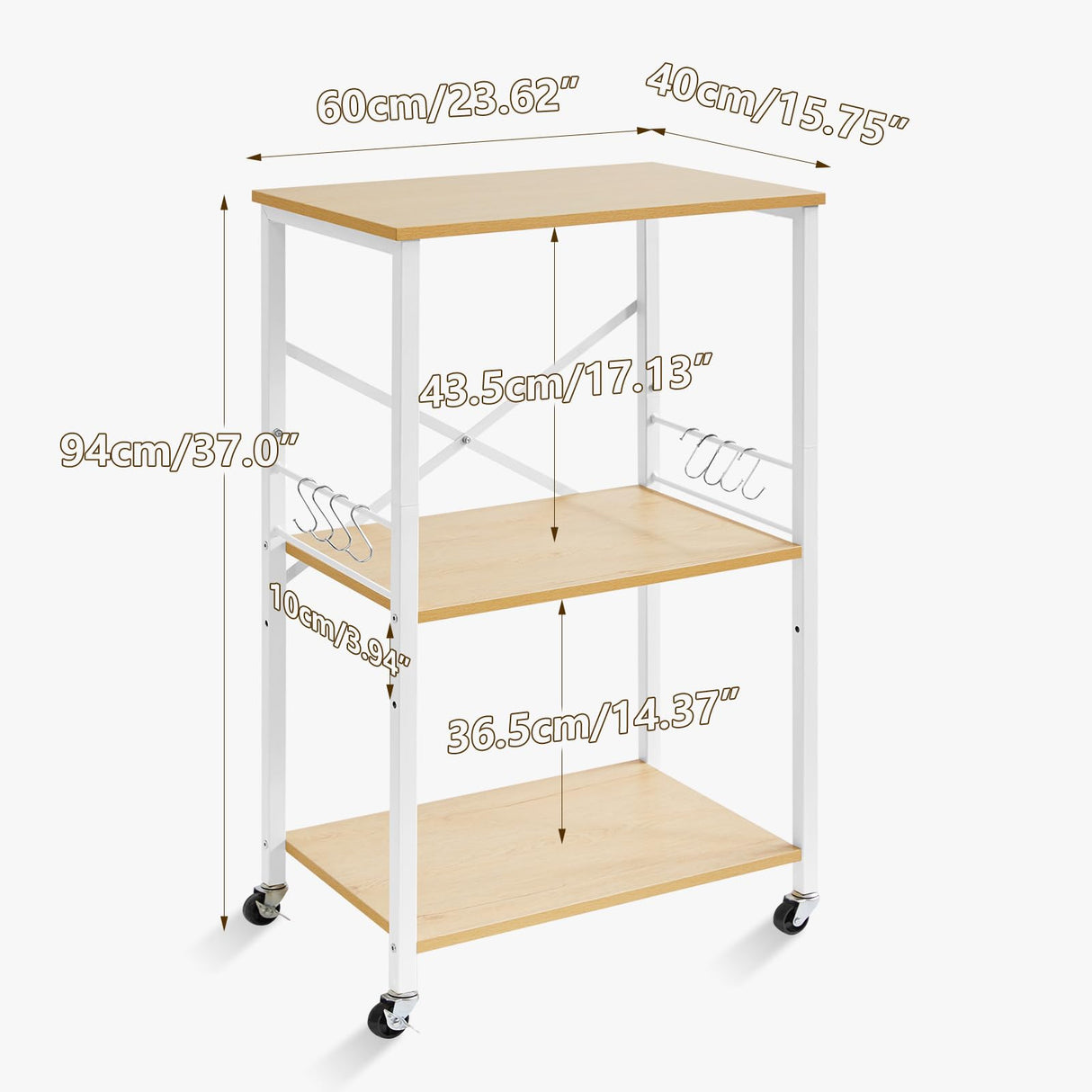 IBUYKE Kitchen Shelf Cart, 3-Tier Microwave Oven Stand, Baker’s Rack with Metal Frame and 8 Hooks, Industrial Printer Stand, Utility Standing Storage Shelf for Coffee Bar, Simple Assembly, TMJ023R IBUYKE