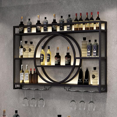 AKOGG Wine Rack Wall Mounted With LED Light & Wine Glass Holder,Iron Bar Liquor Shelf,Floating Wall Wine Shelves,Liquor Bottle Display Shelf,Wine Glass Storage Racks,For Kitchen Wine Cellar,Gold/Black