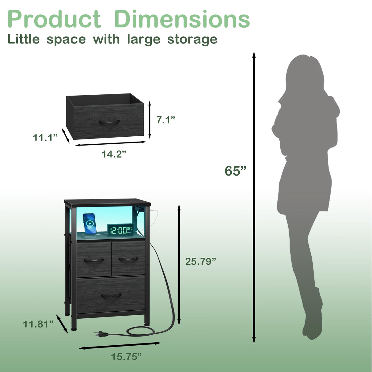 Furnulem Black Nightstand with Wood Shelf, Bedside Table with Led Light and Charging Station, 25.8 Inch End Table with 3 Fabric Storage Drawers, Small Side Table Night Stand for Bedroom Furniture Furnulem