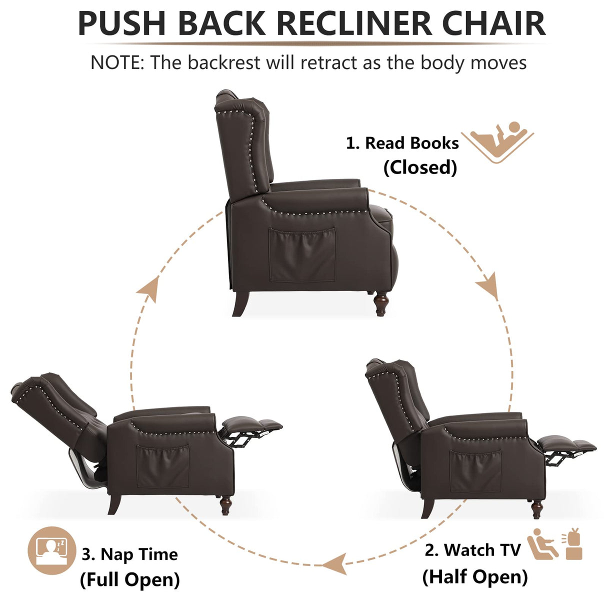 IPKIG Wingback Pushback Recliner Chair - Mid Century Recliner Armchair with Massage and Heat, Rivet Decoration, Button-Tufted Back, Solid Wood Legs for Living Room, Bedroom, Office(Brown) IPKIG