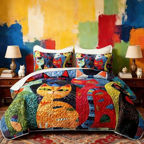 HOSIMA Cat Quilt Bedding Set King Size,Various Different Cats Print Cute Bedding for Kids Adults Room Decor,Animal Themed Plaid Patchwork Quilt with 2 Pillowcases for All Seasons. HOSIMA