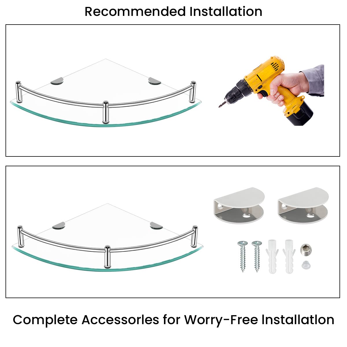 YorkHoMo Glass Corner Shelves Tempered Bathroom Eestantes para Baños with Rail Wall Mounted Drill Hole for Corner Shower Shelf for Inside Shower 2 Pack(Sliver) YorkHoMo