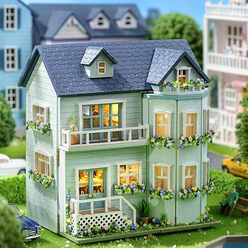 TuKIIE DIY Miniature Dollhouse Kit with Furniture, 1:32 Scale Creative Room Opened & Closed Mini Wooden Doll House for Kids Teens Adults(Warm House)