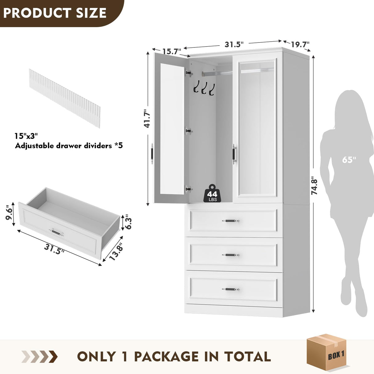 MEISSALIVVE Armoire Wardrobe Closet with 2 Door & 3 Drawers, 74.8" Large Wardrobe Cabinet with Hanging Rod, Freestanding Modern Bedroom Armoire Storage Cabinet, White MEISSALIVVE