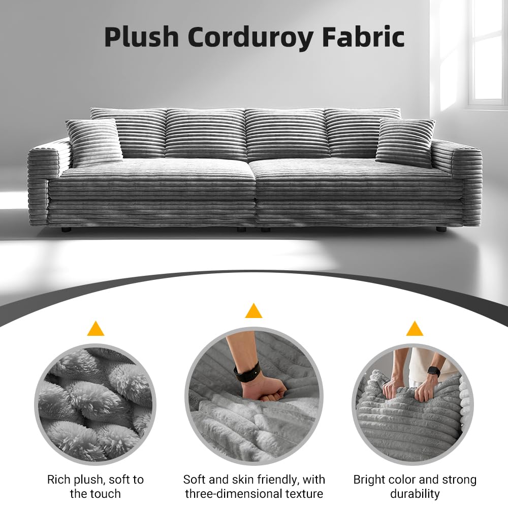 4 Seater Oversized Sectional Sofa with Movable Ottoman, 104" Plush Corduroy Upholstered Cloud Sofa Couches, 2-in-1 Convertible Lounge Sleeper Sofabed w/ 6 Throw Pillows for Living Room Apartment Eafurn