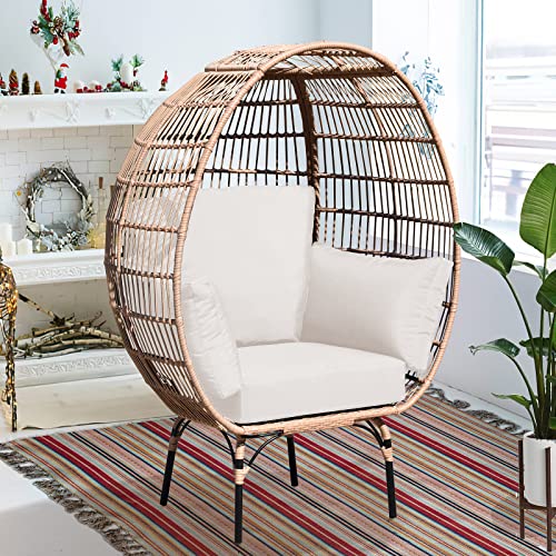 OTSUN Outdoor Egg Chair, PE Wicker Chair with 4 Thicken Cushions, Oversized Indoor Chairs with Durable Steel Frame Perfect for Balcony, Backyard, Bedroom, Patio Chairs 440 lbs Capacity-Ivory OTSUN