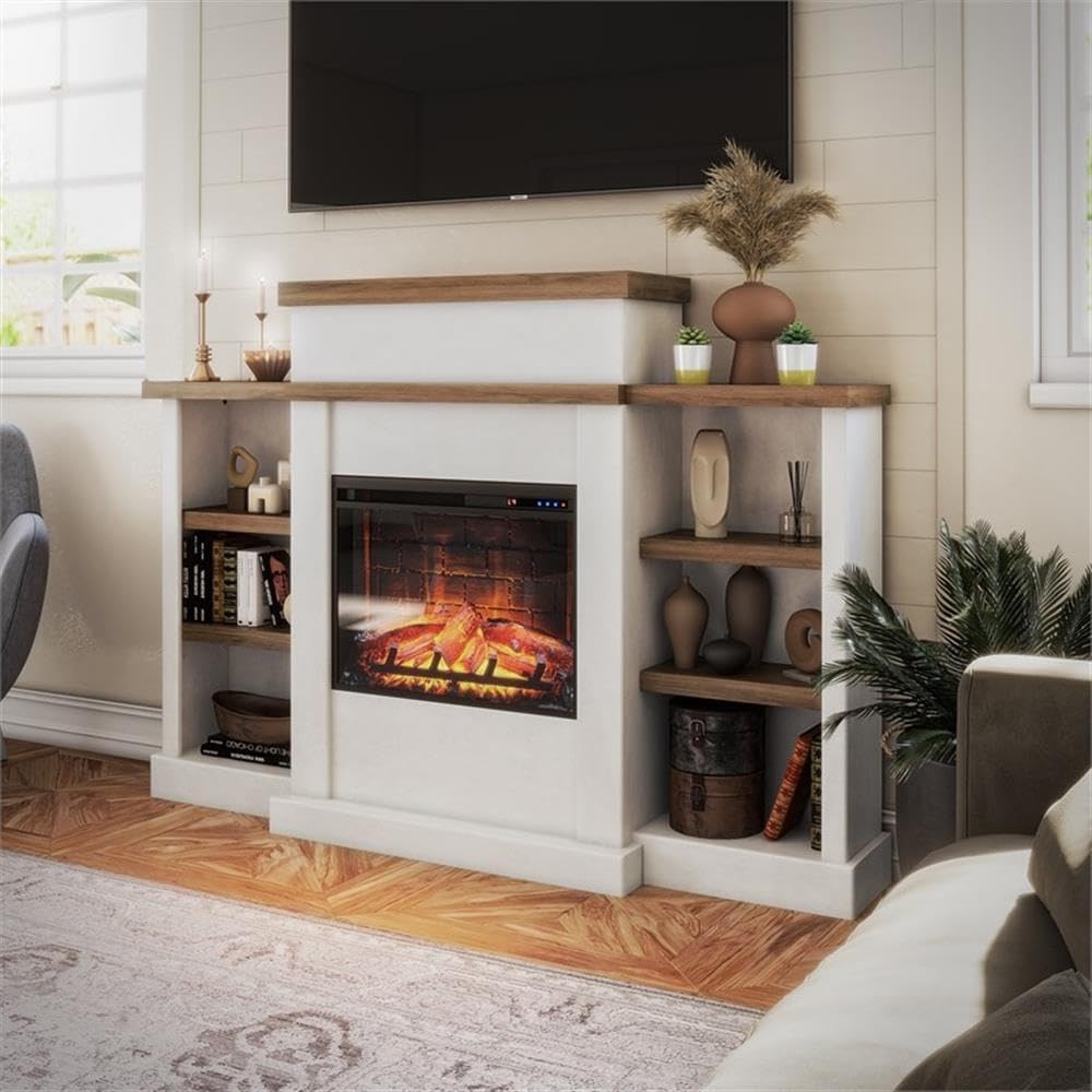 Pemberly Row Electric Fireplace Mantel & Bookcase - Plaster & Walnut Pemberly Row