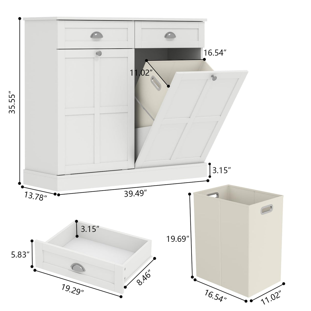 Loomie Double Tilt Out Laundry Hamper Cabinet, Hidden Laundry Cabinet with 2 Drawers & 2 Laundry Storage Baskets, 30 Gallon Trash Can Cabinet, Storage Cabinet for Bathroom, Laundry Room,Kitchen, White Loomie
