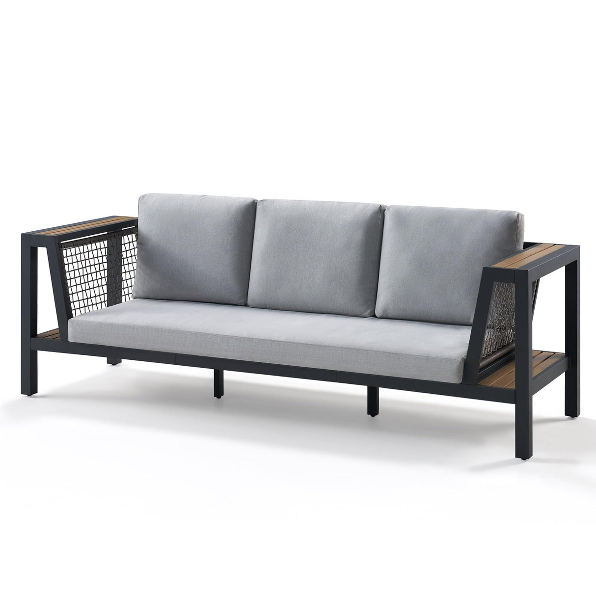 LUXOAK Outdoor Aluminum Patio Sofa, Modern 3-Seater Tool-Free Assembly Couch with Side Table Armrest, Deep Seating with Thick Cushions, Weatherproof Backyard Furniture for Porch, Balcony, Deck LUXOAK