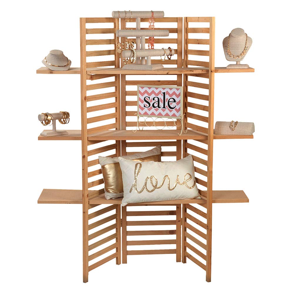 SSWBasics 3-Panel Wood Display With 3 Shelves - Unit Can Be Stained Or Painted - Great for a Wide Range of Merchandise from Housewares, Clothing and Beverages - Natural Pine SSWBasics