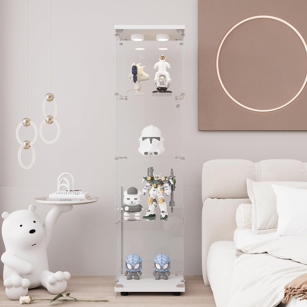 GDJAASJI Glass Display Cabinet with LED Light and Lock, 4-Shelf Curio Cabinets with 5mm Tempered Glass Floor Standing Bookshelf (64" Hx 16.7" W x 14.3" D, White) GDJAASJI