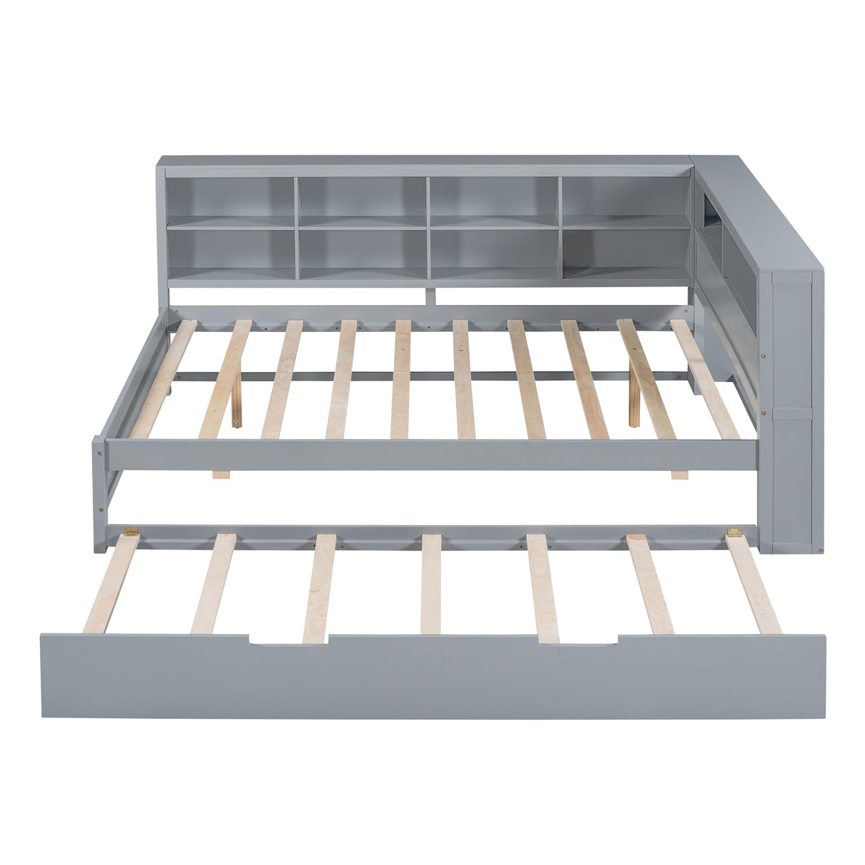 Merax Full Size Day Bed with Twin Trundle, Wooden DayBed with Storage Shelf and USB Charging Ports, Full Corner Bed Frame,Grey Merax