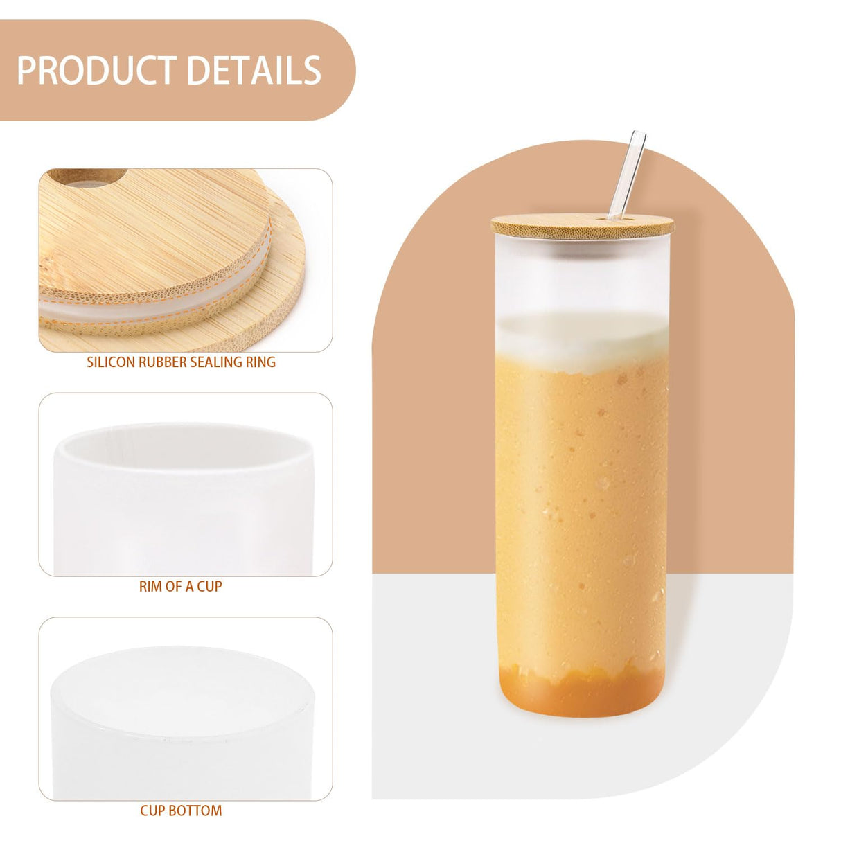 YOUKE OLA 10 Pack Sublimation Straight Glass Skinny Blanks Tumblers Frosted Glass Tumbler with Bamboo Lid and Glass Straw Tumbler Cups for Tumbler Heat Press 25oz YOUKE OLA