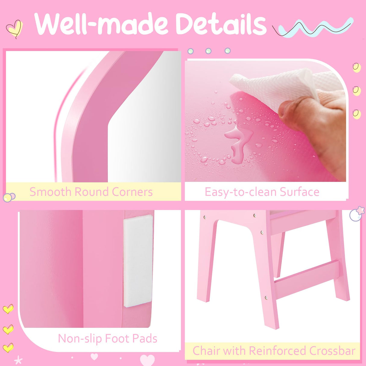 Costzon Kids Vanity, 2 in 1 Princess Makeup Desk & Chair Set with Tri-Folding Mirror, 4 Storage Bins, Wooden Toddler Vanity Dressing Table, Pretend Play Vanity Set for Little Girls (Pink) Costzon