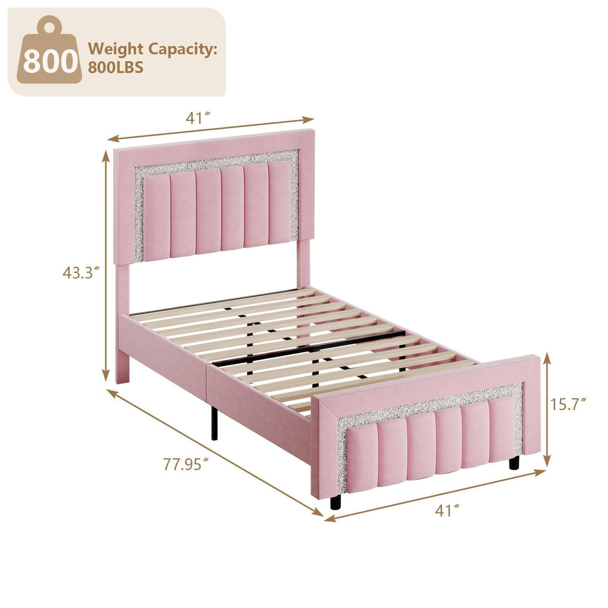 HOMBCK Twin Bed Frames for Girls, Pink Twin Bed Frame with Velvet Upholstered Vertical Channel Diamond Headboard, Princes Bed Frame, Adjustable Headboard, Wooden Slats Support, Easy Assembly, Pink HOMBCK