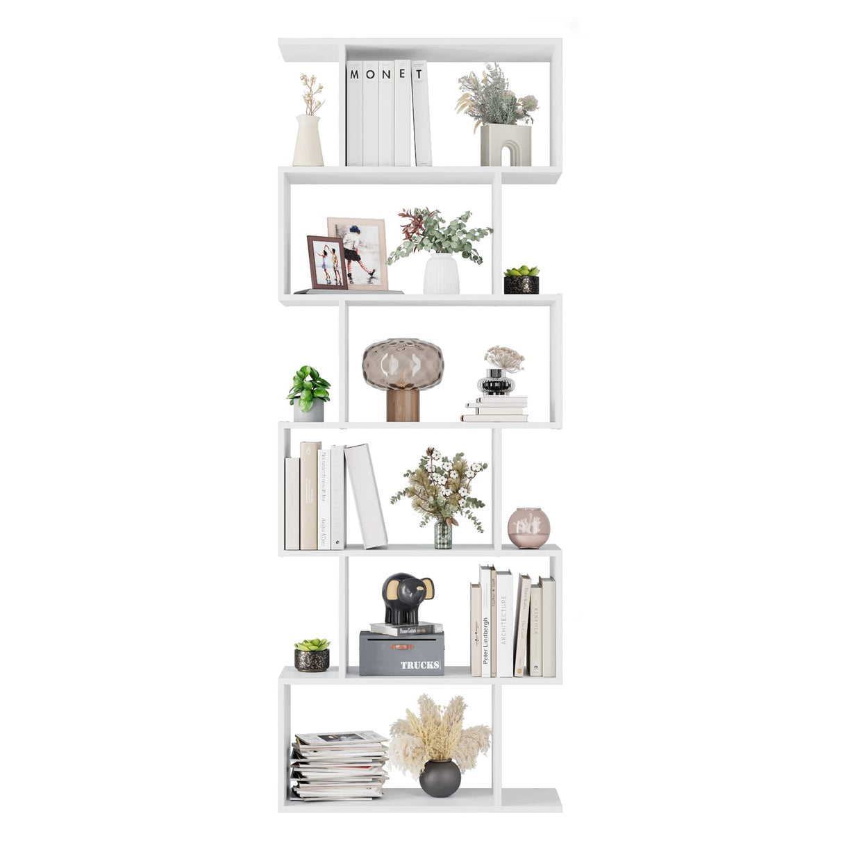 FOTOSOK S-Shaped 6-Tier White Bookcase - Modern Freestanding Display Shelf for Any Room FOTOSOK