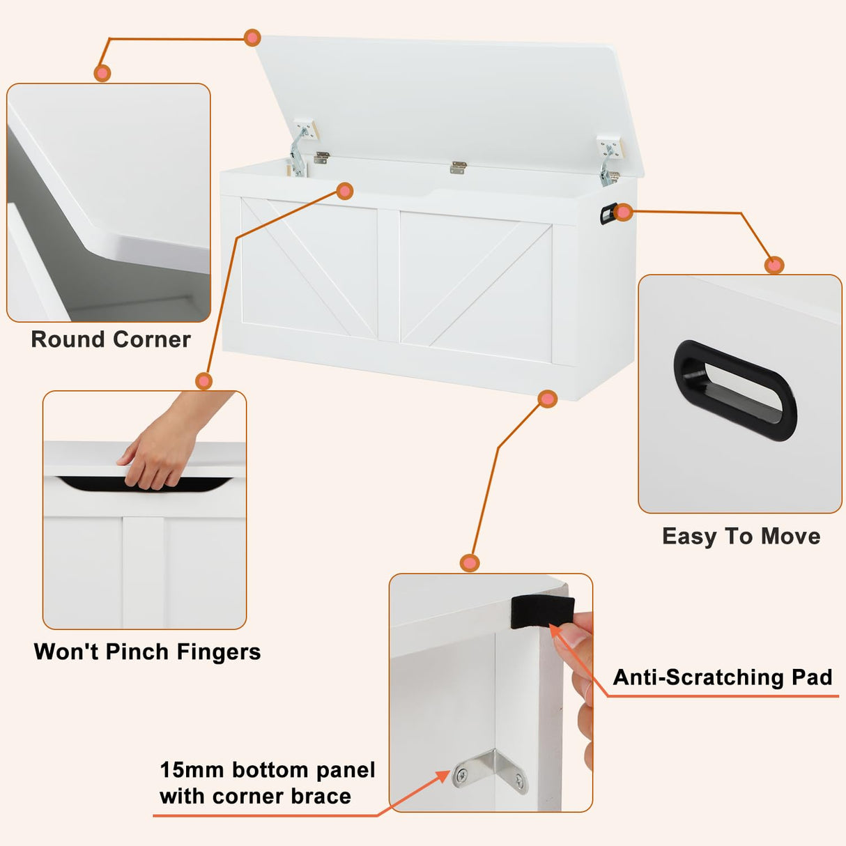 Timberer 39.4" Storage Chest, Wooden Storage Bench, Large Storage Trunk with 2 Safety Hinges, Entryway Shoes Bench for Living Room, Bedroom, White Timberer