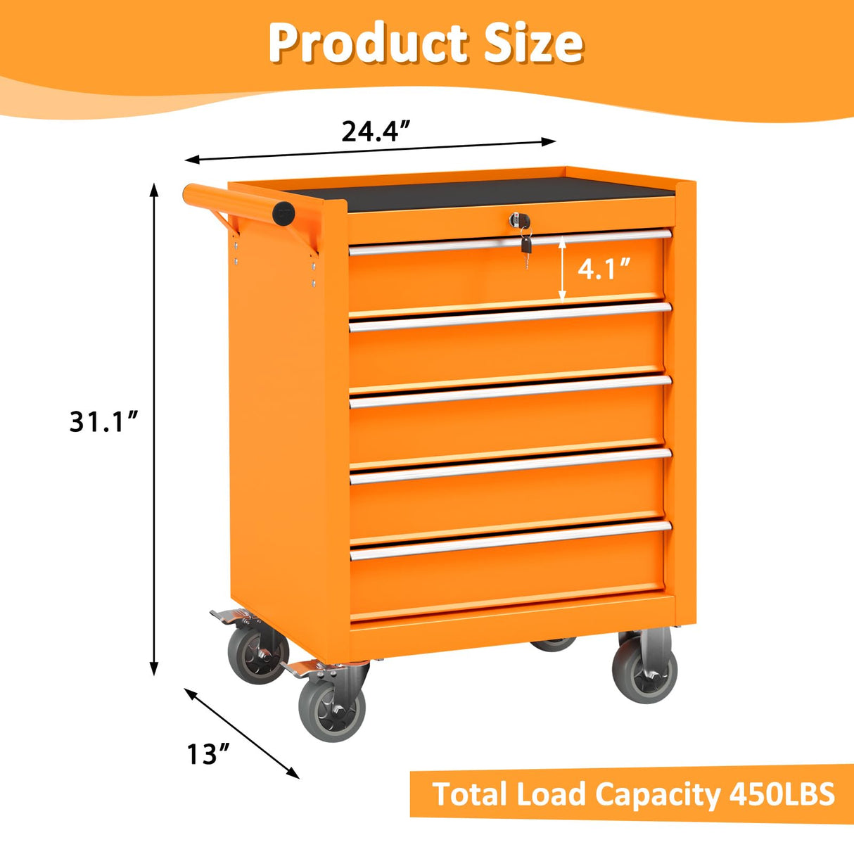 Granper 5-Drawer Tool Chest Tool Box with Wheels Movable Rolling Tool Chest High Capacity Tool Chest with Wheels Heavy Duty Tool Cabinet for Workshop, Garage, Mechanics and Repair Room(Orange) Granper