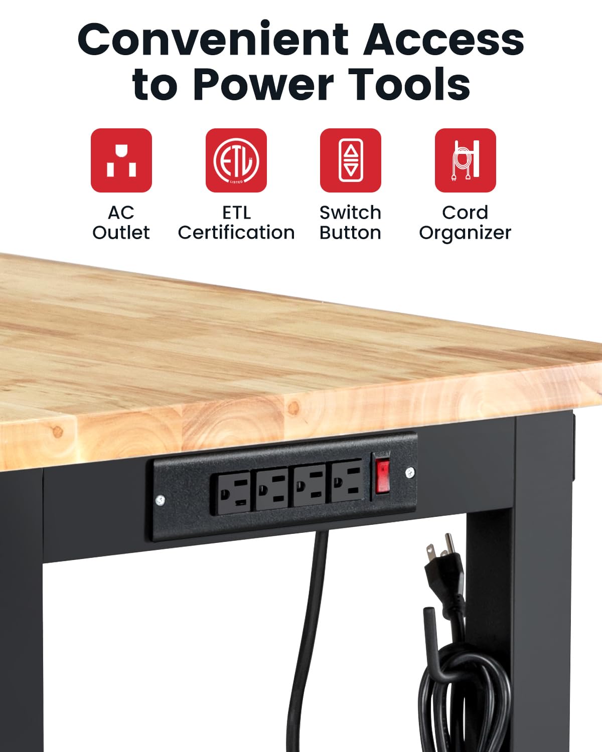 Workbench for Garage 48 Inch Work Bench Table Adjustable Height Rubberwood Tabletop Work Table with Power Outlets for Woodworking Shop Home Office Electronic Cutting Wood ENJOYWOOD