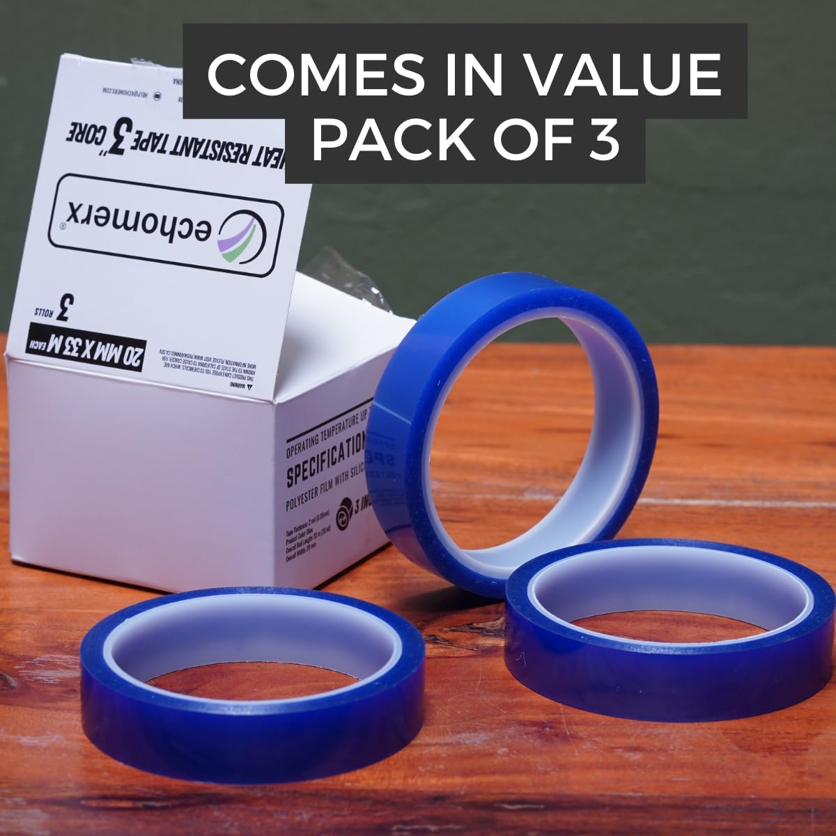 echomerx 20mm x 33m (108 ft) Blue Heat Resistant Tape - 3" Core | No Residue Heat Transfer Tape for Sublimation & Crafts | Ideal for Heat Press - 3-Pack echomerx