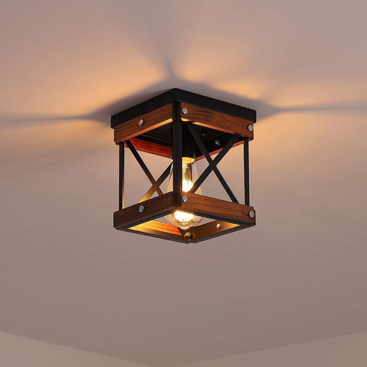 Fivess Lighting Rustic Farmhouse Flush Mount Ceiling Light 1-Light Metal and Wood Cage Mini Semi Flush Mount Light Fixture for Hallway Kitchen Entryway, Black Fivess Lighting