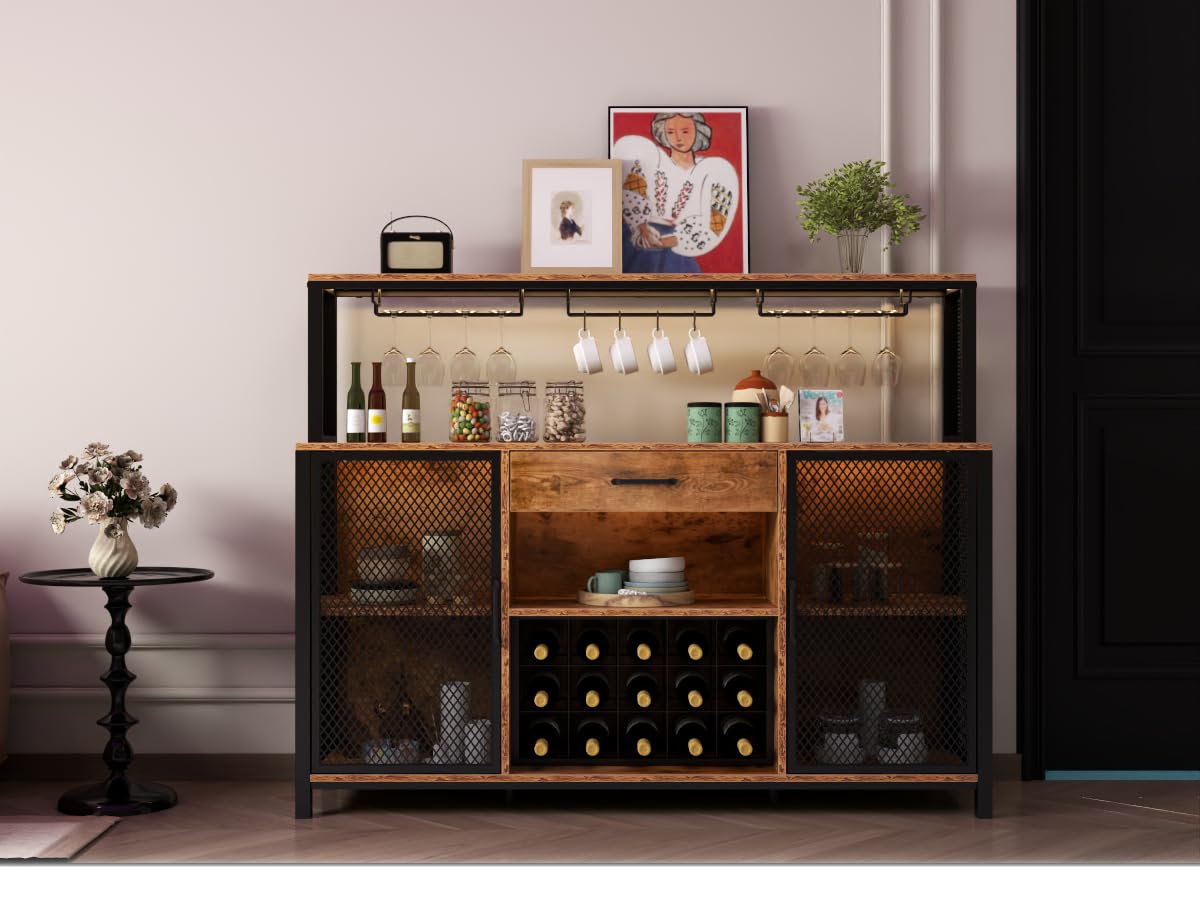 Gyfimoie Wine Bar Cabinet with Drawer and LED Lights, 55 Inches Industry Coffee Bar Cabinet with Wine Rack and Glass Goblet Holder, Kitchen Sideboard Buffet Cabinet for Liquor and Goblet Gyfimoie