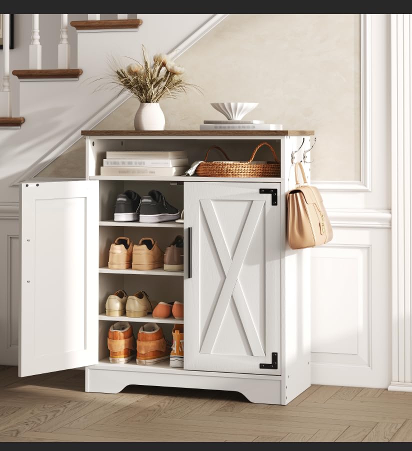 HOOBRO Shoe Cabinet, Farmhouse Shoe Storage Cabinet, Shoe Organizer Cabinet with Hooks and Adjustable Shelves, Shoe Cabinet Storage for Entryway, Living Room, White and Walnut WH16SC01 HOOBRO