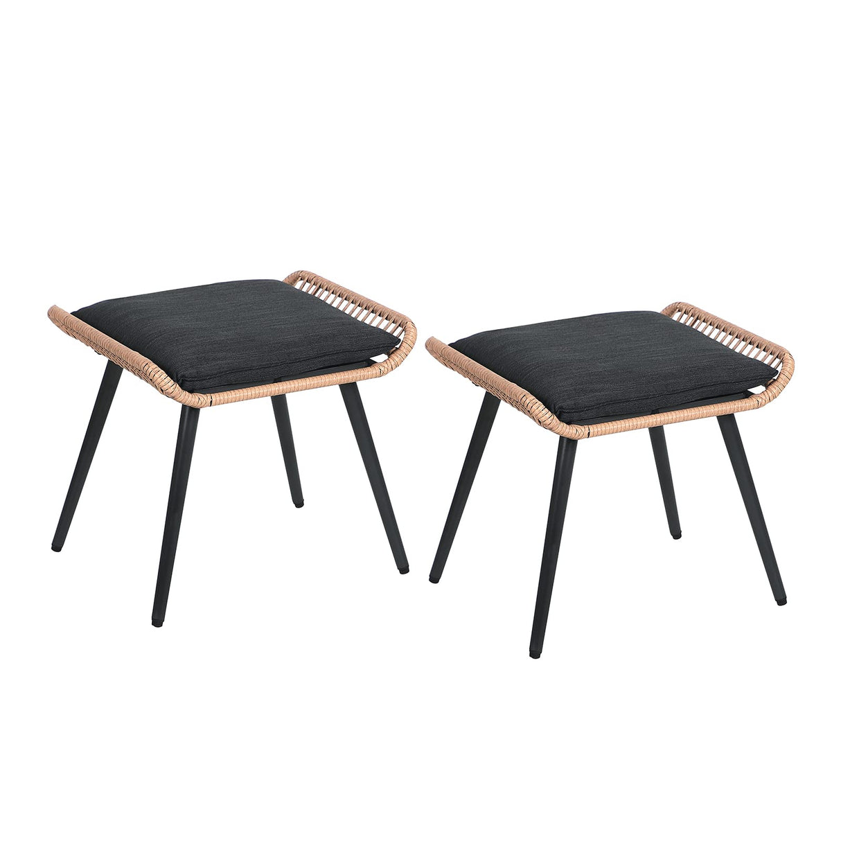JOIVI Outdoor Wicker Ottoman Set of 2, Patio Rattan Ottomans with Seat Cushions, 2 Pieces Footstool Footrest Seat for Outside Garden, Balcony, Living Room, Black JOIVI