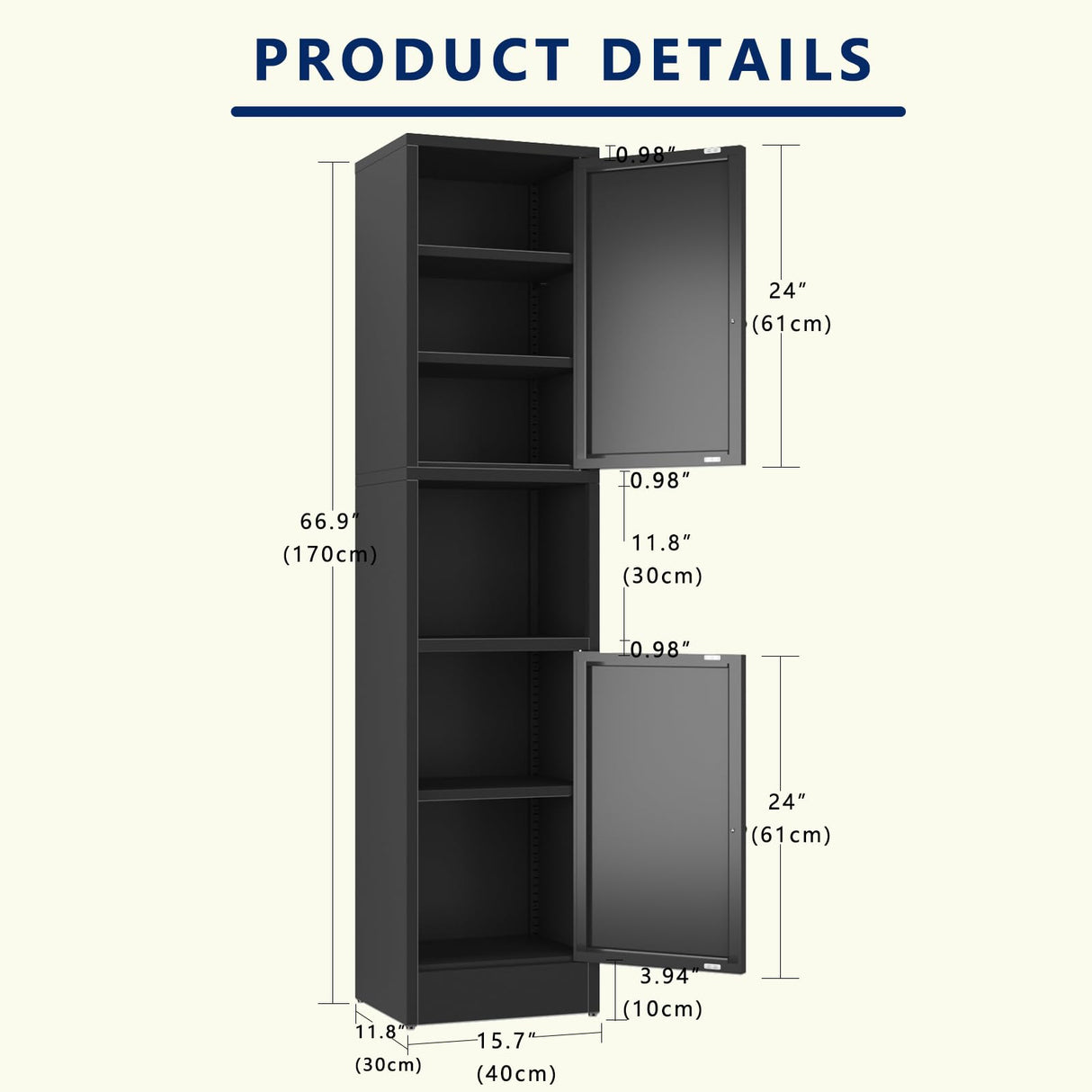 YAUWOH Black Tall Metal Storage Cabinet,Metal Locker Storage Cabinet with 3 Adjustable Shelves and 2 Doors,Narrow Sideboard for Small Spaces, Living Room, Home Office, Dining Room YAUWOH