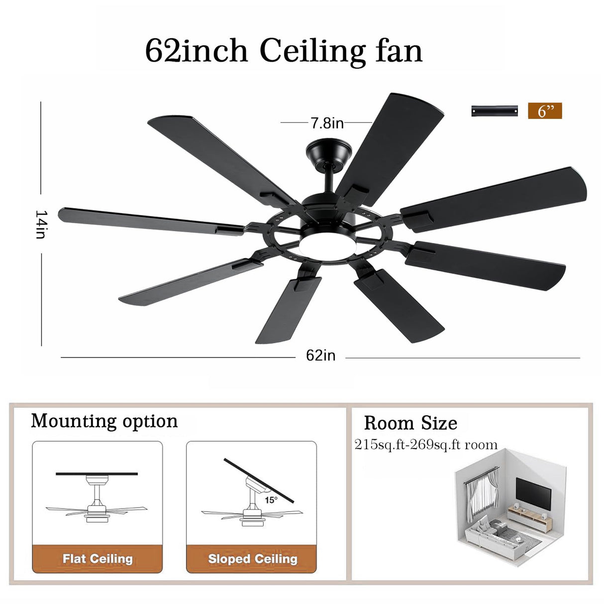 FUMLTP 62 Inch Ceiling Fans with Lights, Large Low Profile Ceiling Fan with Remote Control, 8 Double Sided Blades, 6 Speed Reversible DC Motor, Silent Timing, Black Indoor Outdoor Ceiling Fan FUMLTP