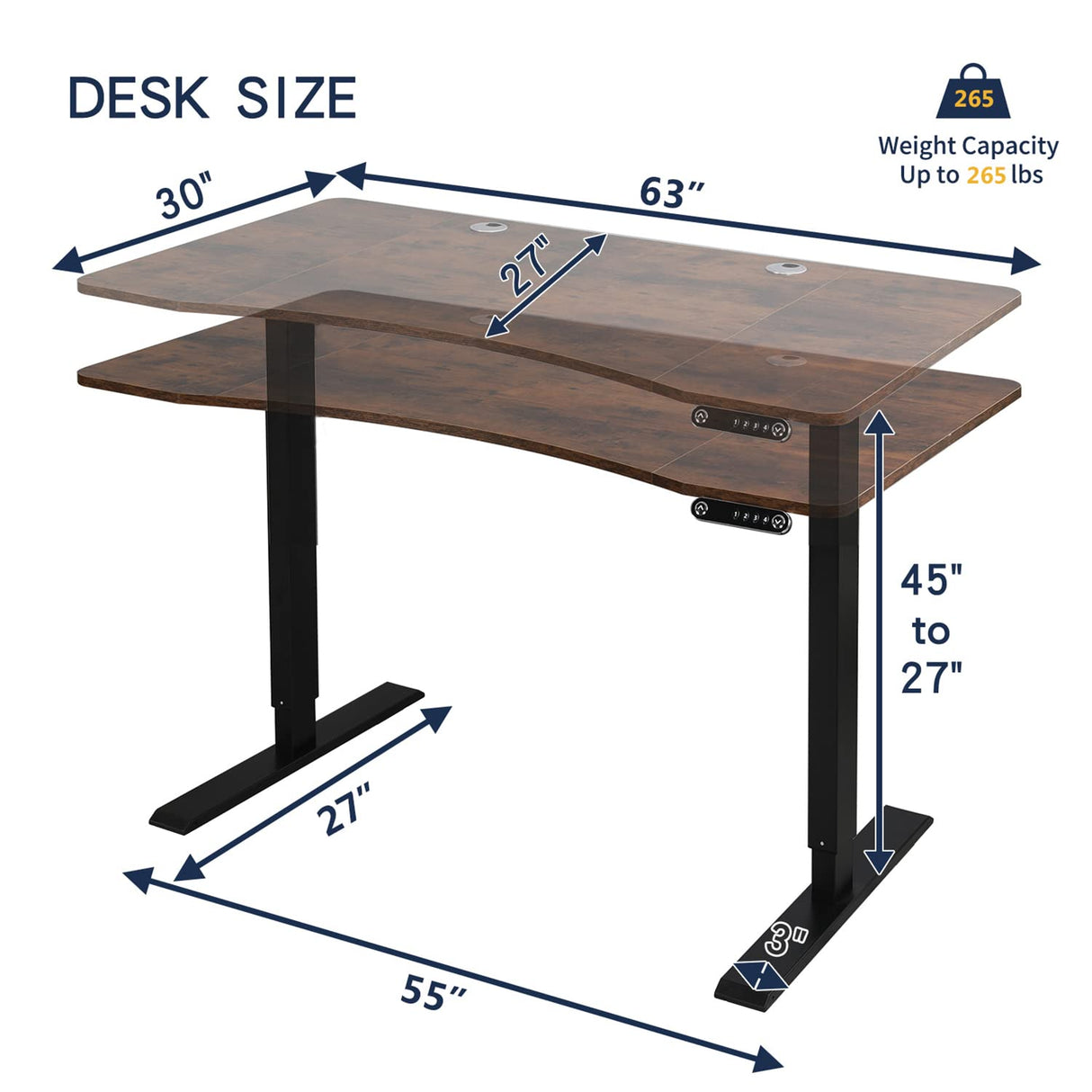Dual Motor Electric Standing Desk, 63 x 30 Inches Height Adjustable Table with Splice Board, Ergonomic Sit Stand Computer Desk with Black Frame/Rustic Brown Top HEONAM