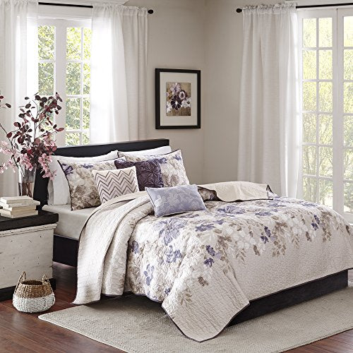 Madison Park Luna Quilt Modern Classic Design All Season, Breathable Coverlet Lightweight Bedding Set, Matching Shams, Decorative Pillow, Full/Queen(90"x90"), Floral Taupe 6 Piece Madison Park
